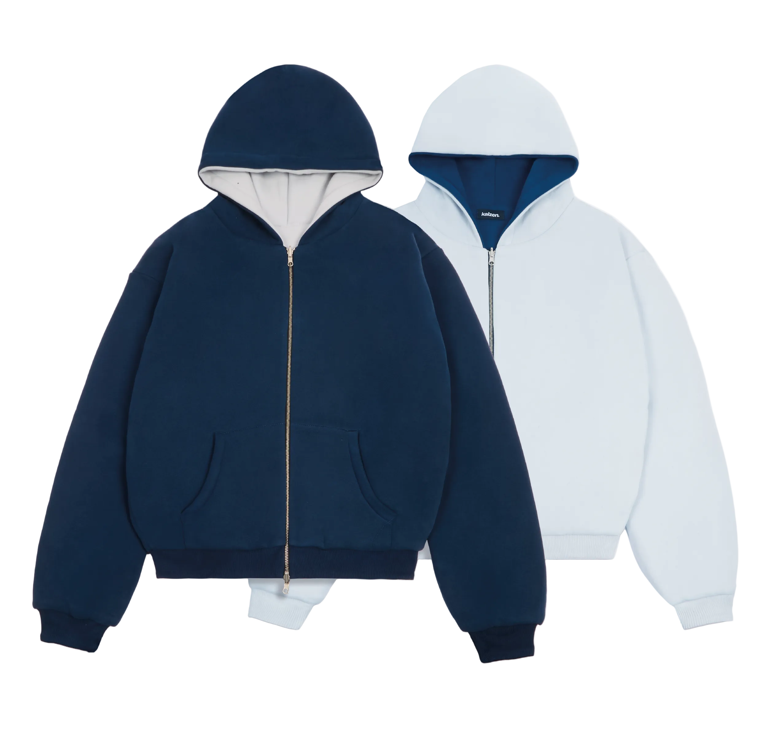 Front view of Kaizen Market Reversible Navy & Stone Zip-Up Hoodie